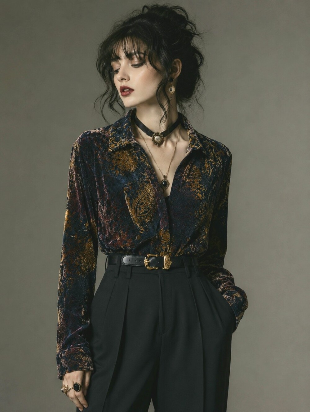 Whimsigoth Velvet Velour Lace Paisley Corset Seam Quiet Luxury Evening Blouse